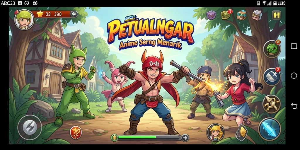 Tampilan gameplay ABC33 dengan pertarungan karakter anime yang menarik.