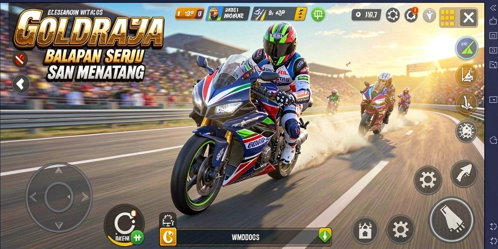 Gameplay seru di GOLDRAJA dengan balapan motor yang mendebarkan.